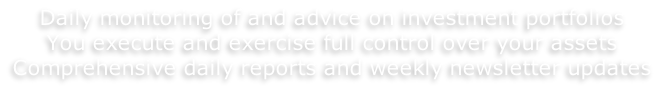 Daily monitoring of and advice on investment portfolios You execute and exercise full control over your assets Comprehensive daily reports and weekly newsletter updates